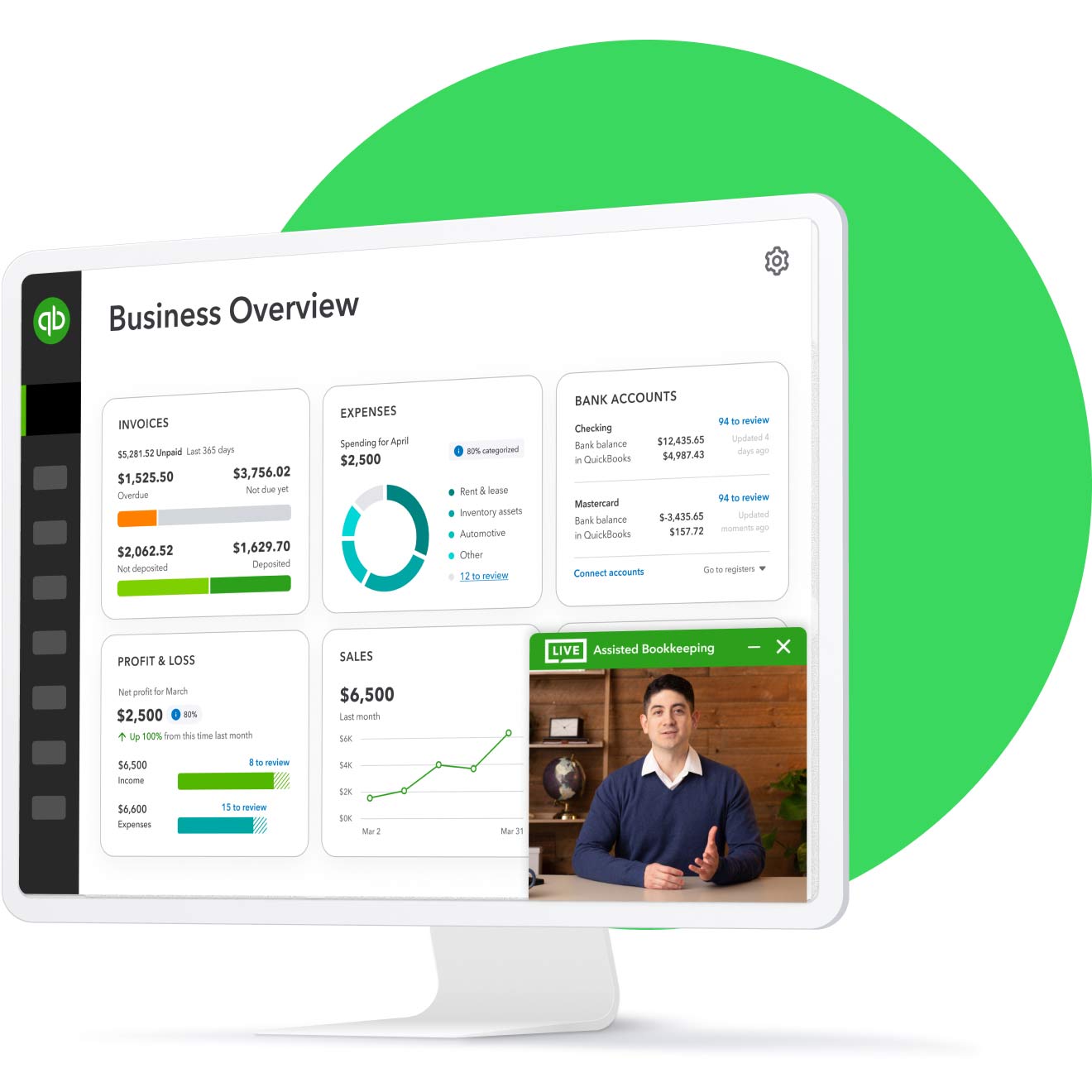 A QuickBooks customer dashboard with a video chat box of a Live Bookkeeper is on a desktop computer screen. 