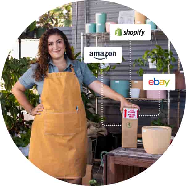 Photo of a business owner with a package that’s connected to e-commerce logos