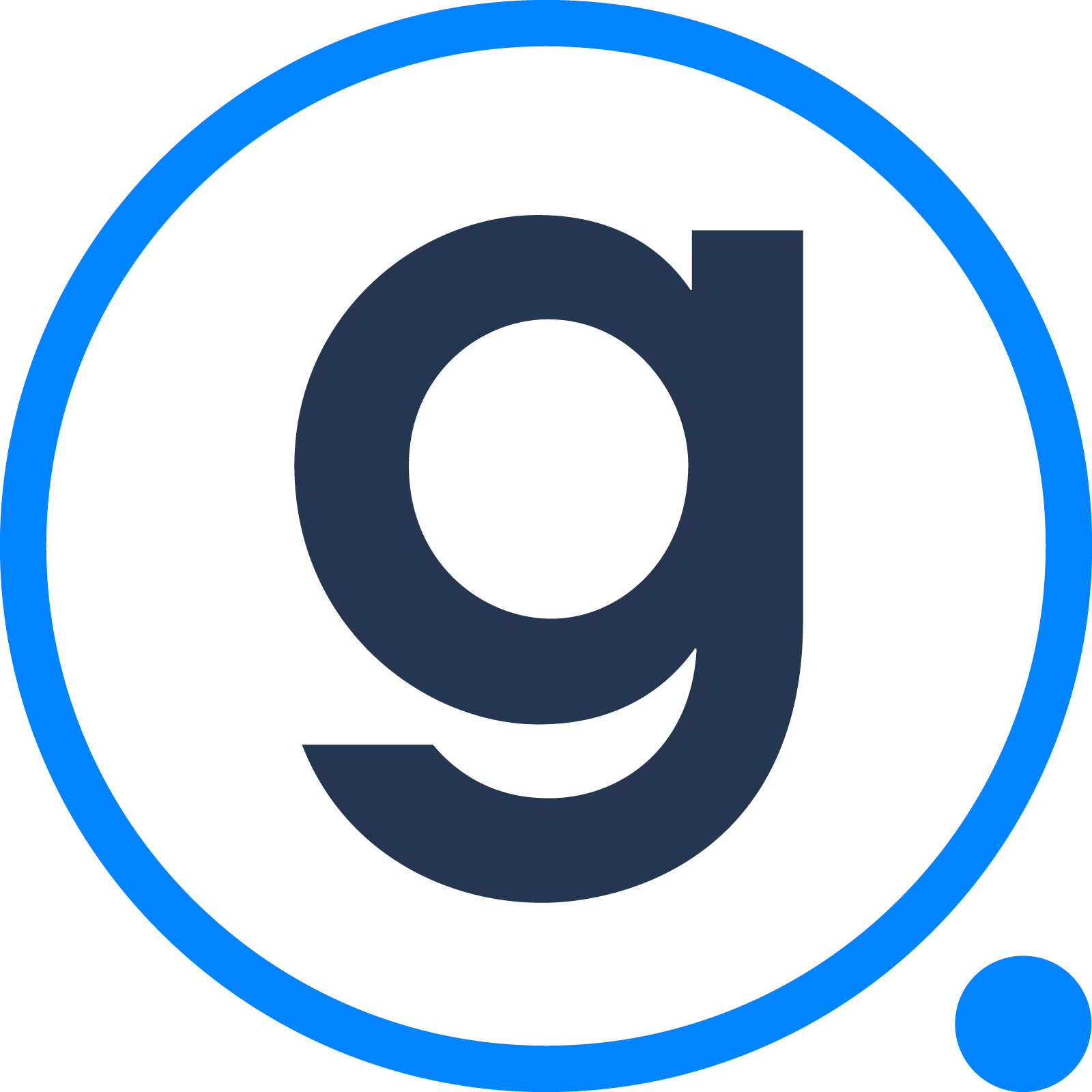 Blue and dark Gravity legal logo. It is a blue circle with a lower case dark blue g inside it.