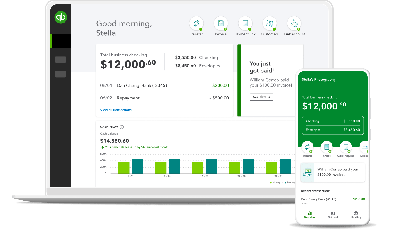 A laptop and mobile device showing QuickBooks Money