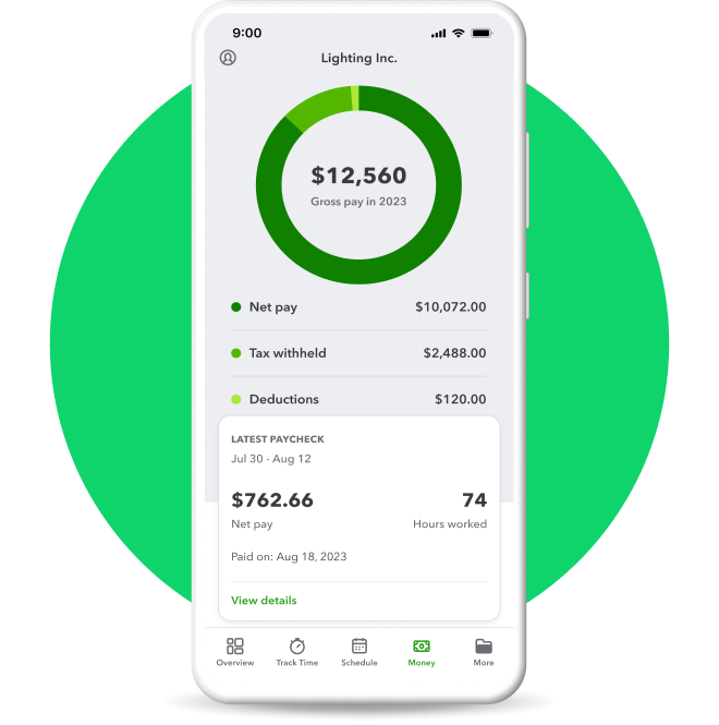 A phone showing pay info in the QuickBooks Workforce app for employees that have access to time tracking and payroll info.
